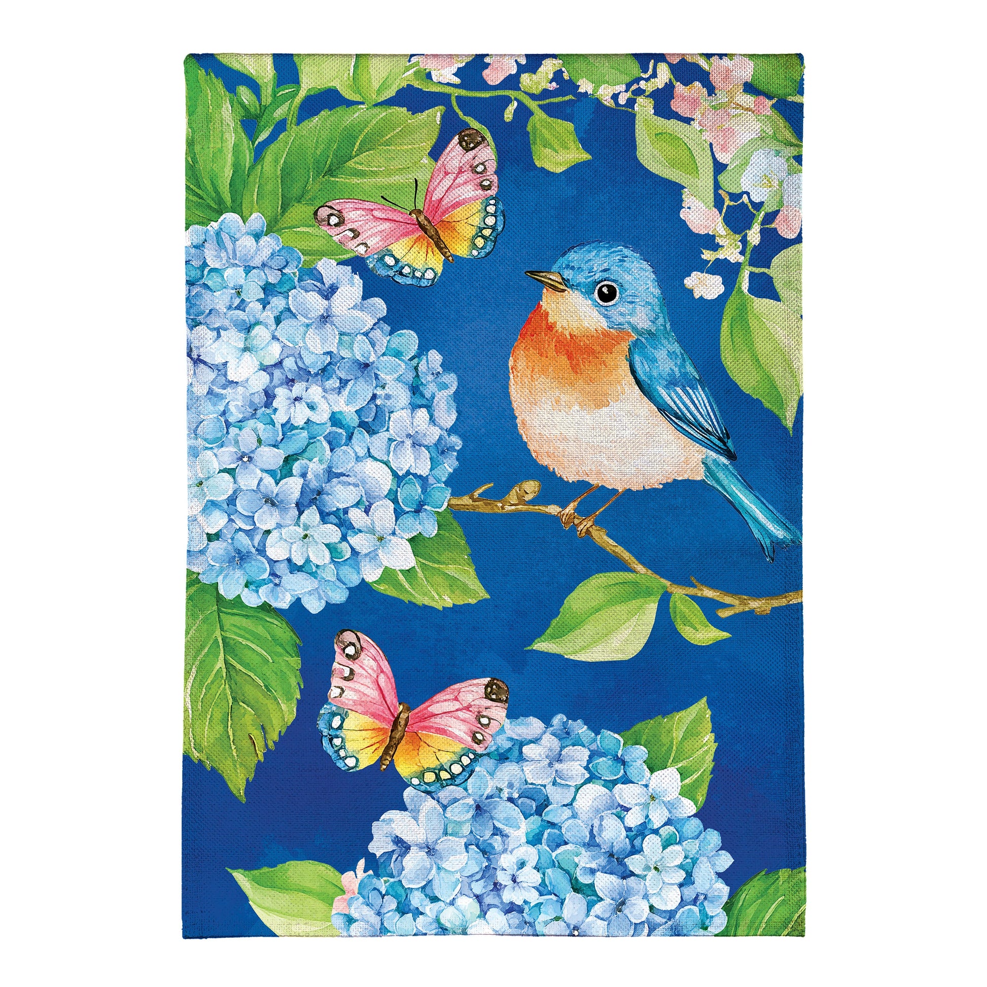 Burlap garden flag Bluebird and Hydrangea on a vivid blue background with green leaves on Tampa Home & Garden Store