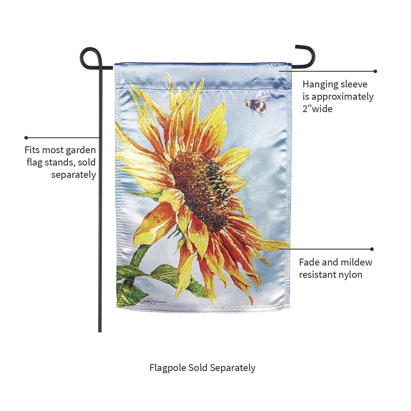 New Morning Sunflower Lustre Garden Flag with bright sunflower on blue sky background on Tampa Home & Garden Store