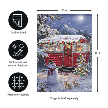Christmas Camper Lustre Garden Flag, red camper with snow and lights, double-sided on Tampa Home & Garden Store