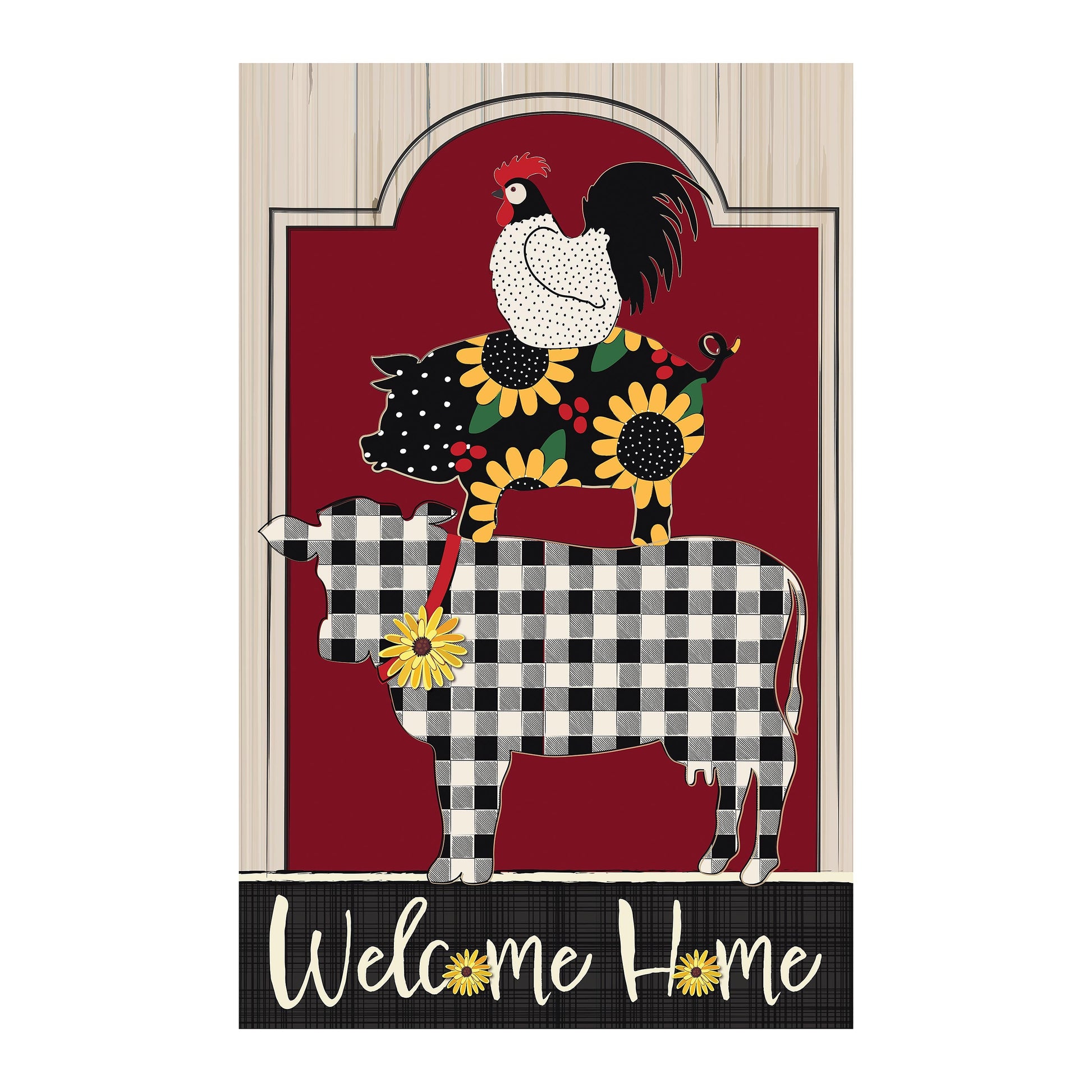 Farm Friends Burlap Garden Flag rooster with sunflowers on red by Evergreen Enterprises on Tampa Home & Garden Store
