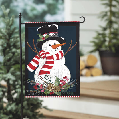 Holly Snowman Burlap Garden Flag snowman with red striped scarf and plaid hat band on Tampa Home & Garden Store