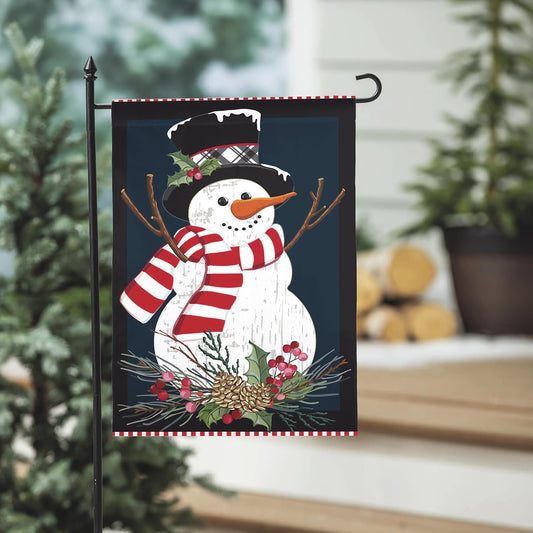 Holly Snowman Burlap Garden Flag snowman with red striped scarf and plaid hat band on Tampa Home & Garden Store
