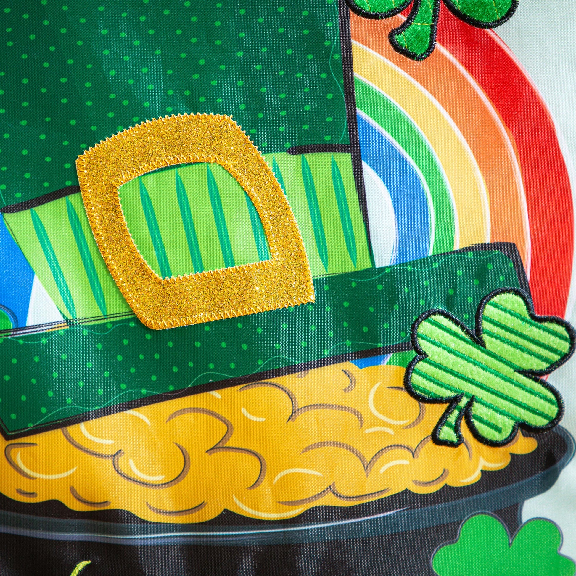 End of the Rainbow Applique Garden Flag with rainbow arcs and gold glitter square on Tampa Home & Garden Store