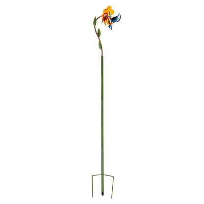 Metal Bird and Yellow Flower Spinner wind spinner on green stake with blue orange bird on Tampa Home & Garden Store