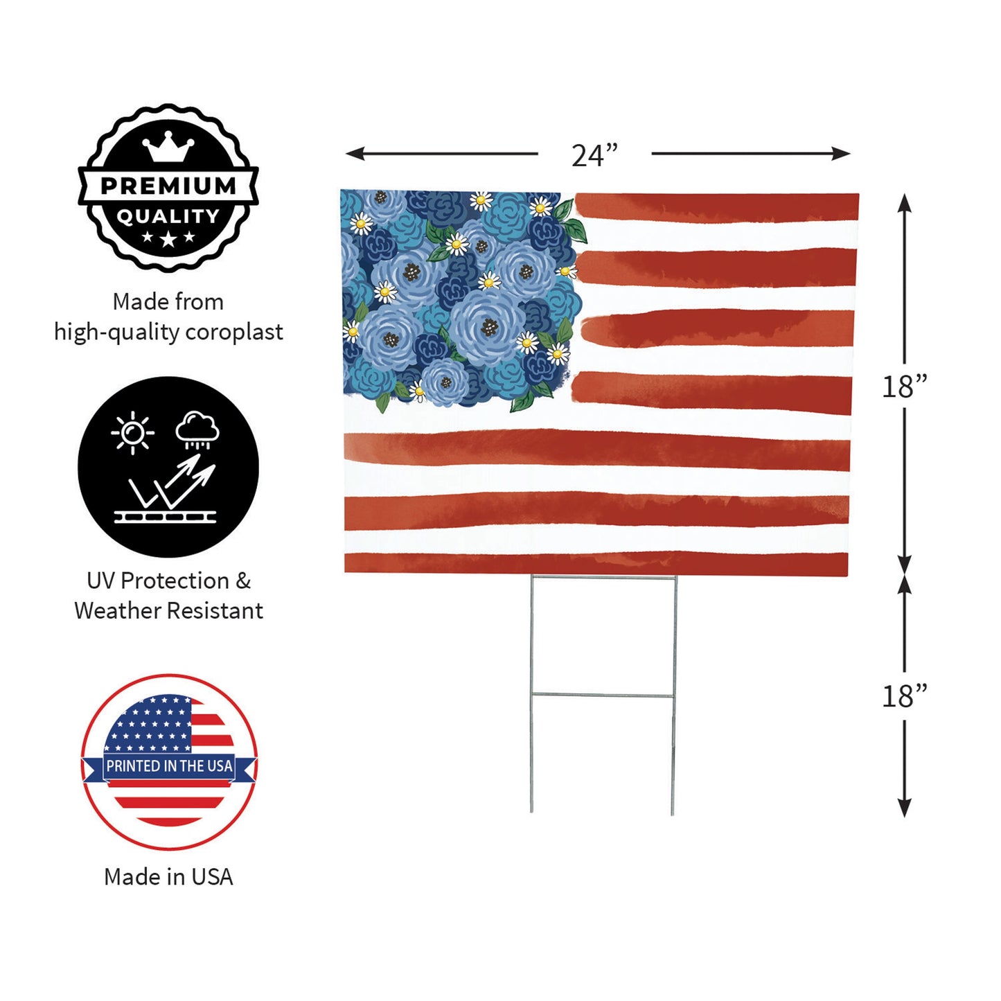 American Classic Blooming Americana sign 24x18 with blue bouquet and red stripes Evergreen on Tampa Home & Garden Store