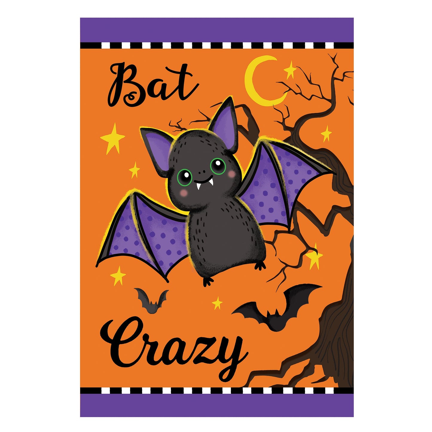 Gone Batty applique garden flag black bat purple wings on orange backdrop checkered border on Tampa Home & Garden Store