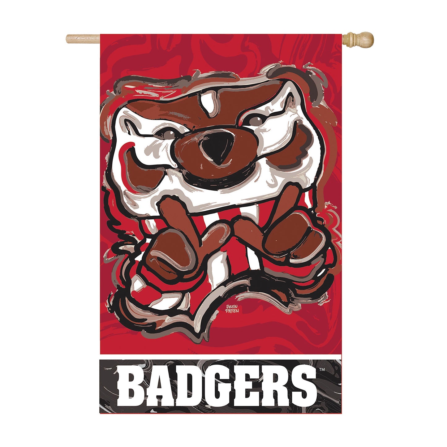 Wisconsin Badgers suede flag with bulldog mascot on red background, Justin Patten signature on Tampa Home & Garden Store