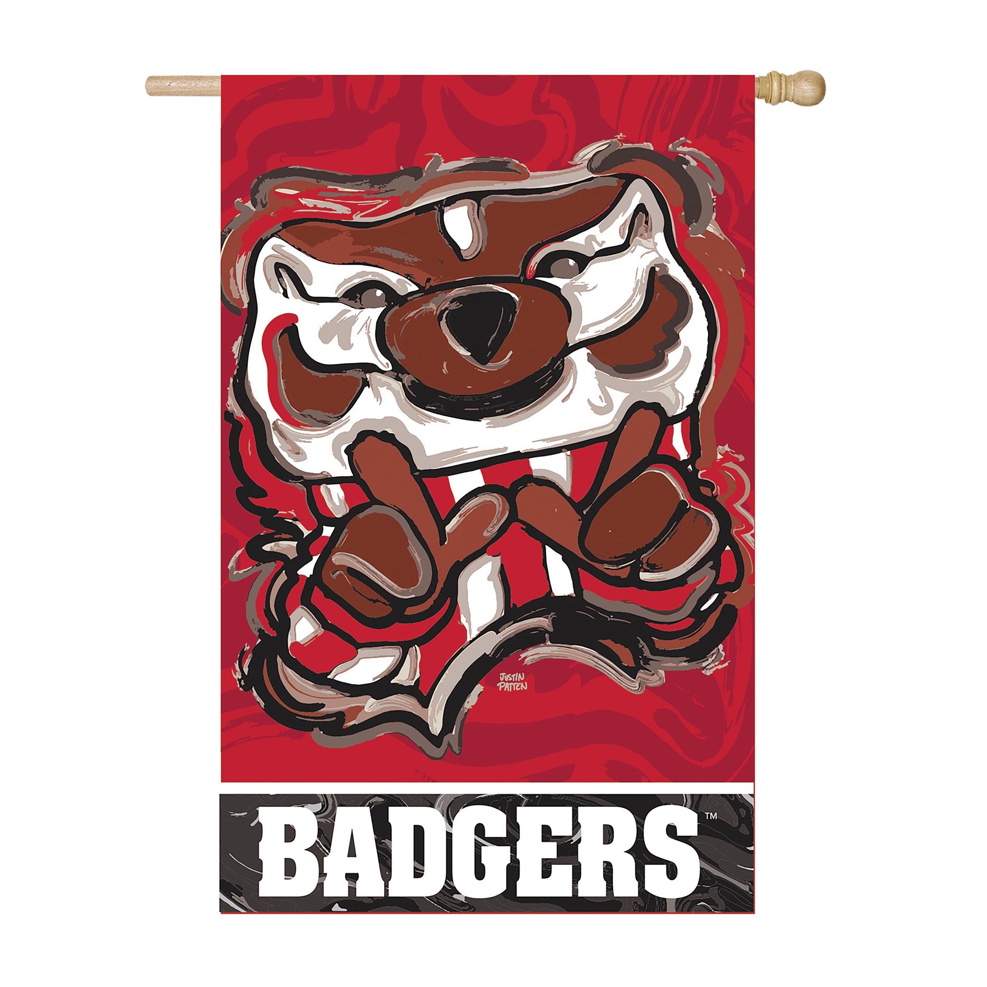 Wisconsin Badgers suede flag with bulldog mascot on red background, Justin Patten signature on Tampa Home & Garden Store
