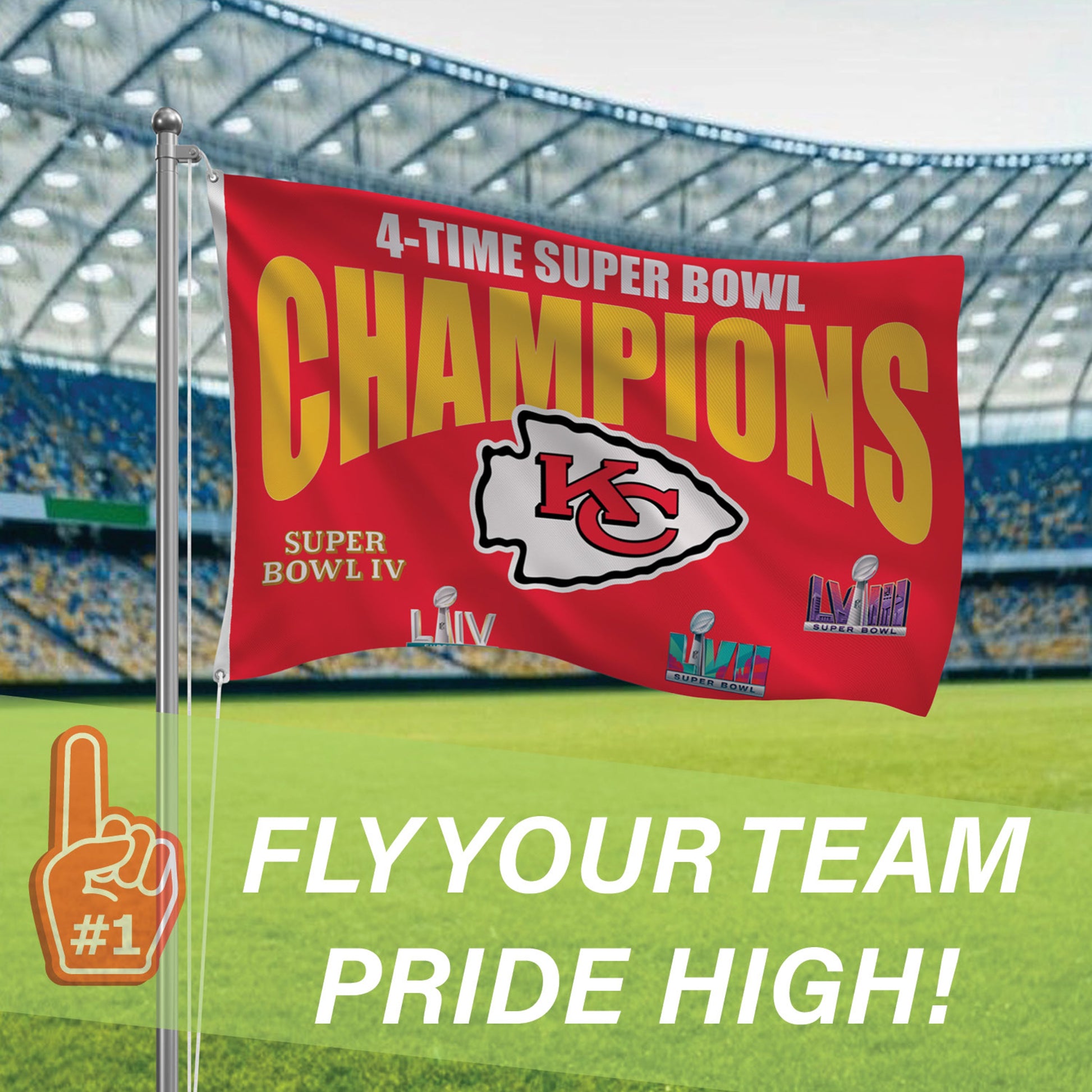 Kansas City Chiefs 3x5 sublimated flag with KC logo and 4-Time SB Champions by Evergreen on Tampa Home & Garden Store