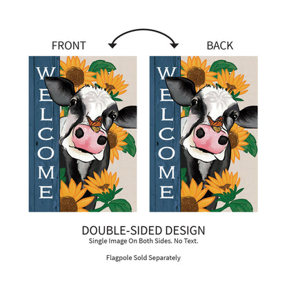 Mooove Over For Fall Suede Garden Flag double-sided cow with sunflowers on a blue panel on Tampa Home & Garden Store