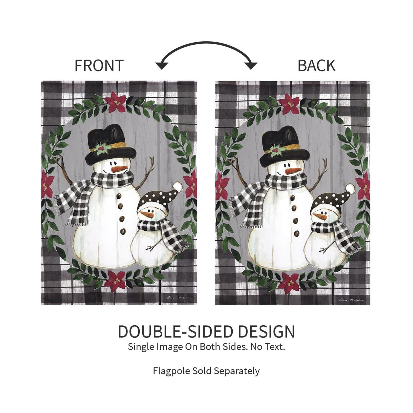 Country Snowmen Moire Garden Flag pair, double-sided plaid border Evergreen Enterprises on Tampa Home & Garden Store