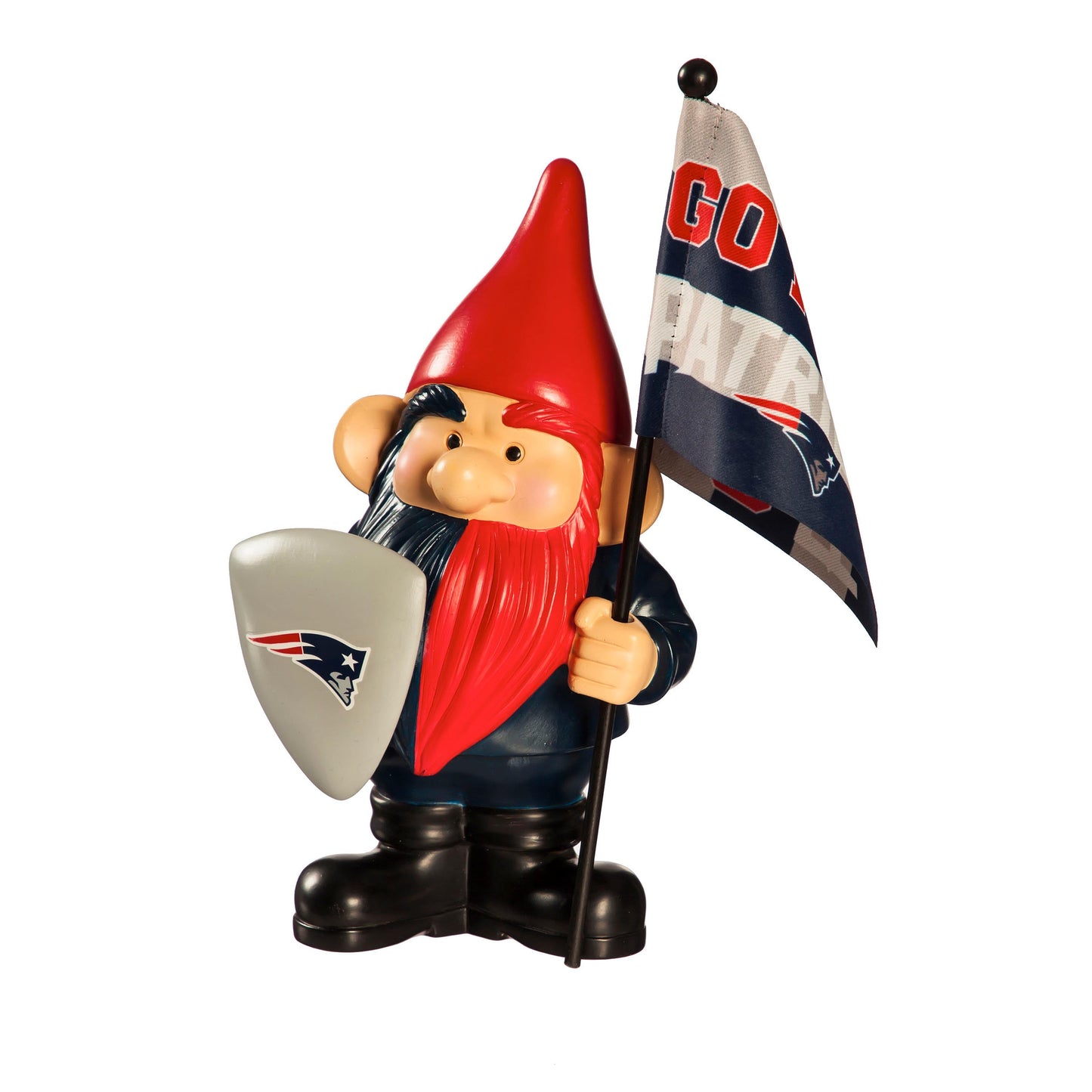 New England Patriots flag holder garden gnome with red hat, holding flag and shield logo on Tampa Home & Garden Store