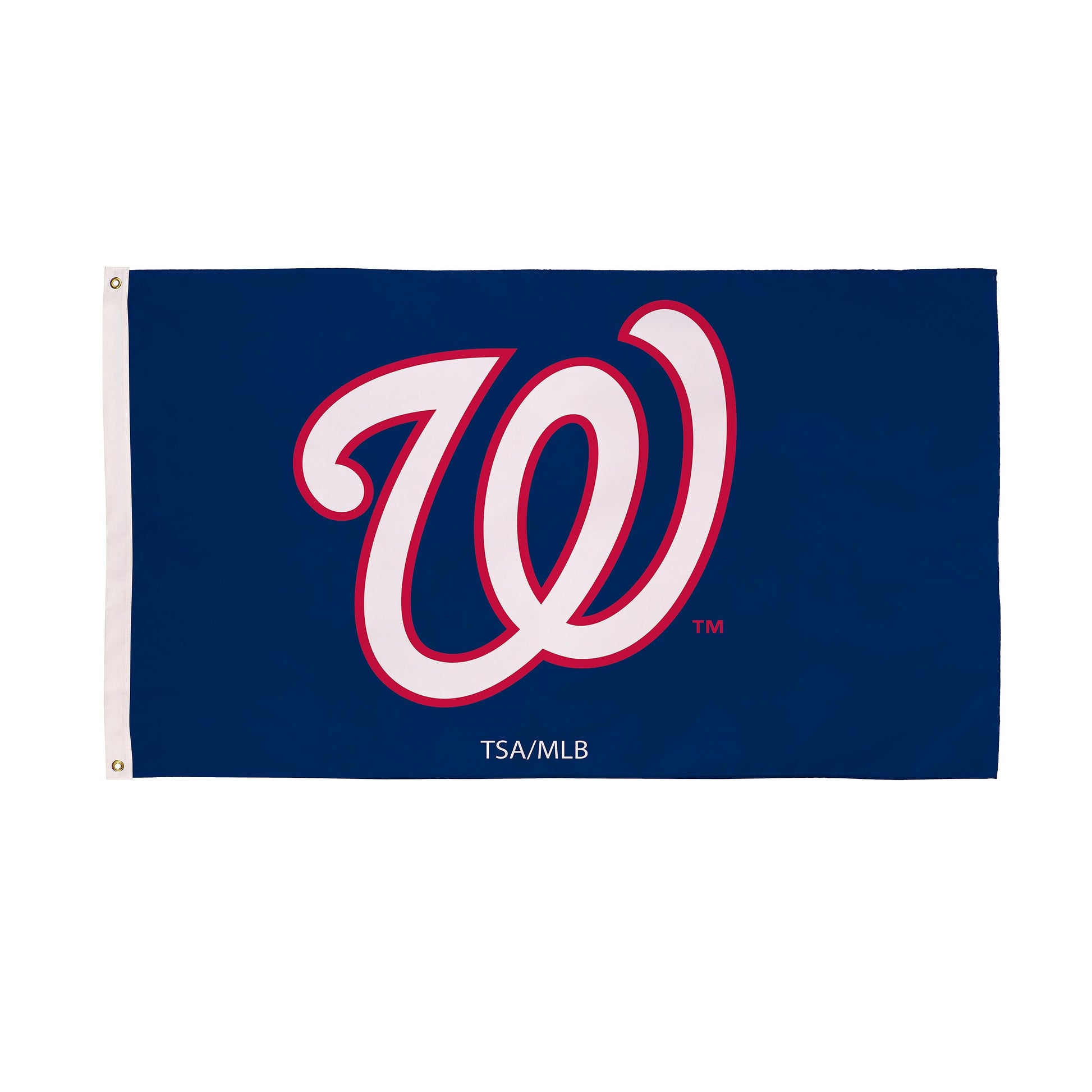 Washington Nationals 3x5 ft sublimated flag on blue with white grommet strip, two grommets on Tampa Home & Garden Store
