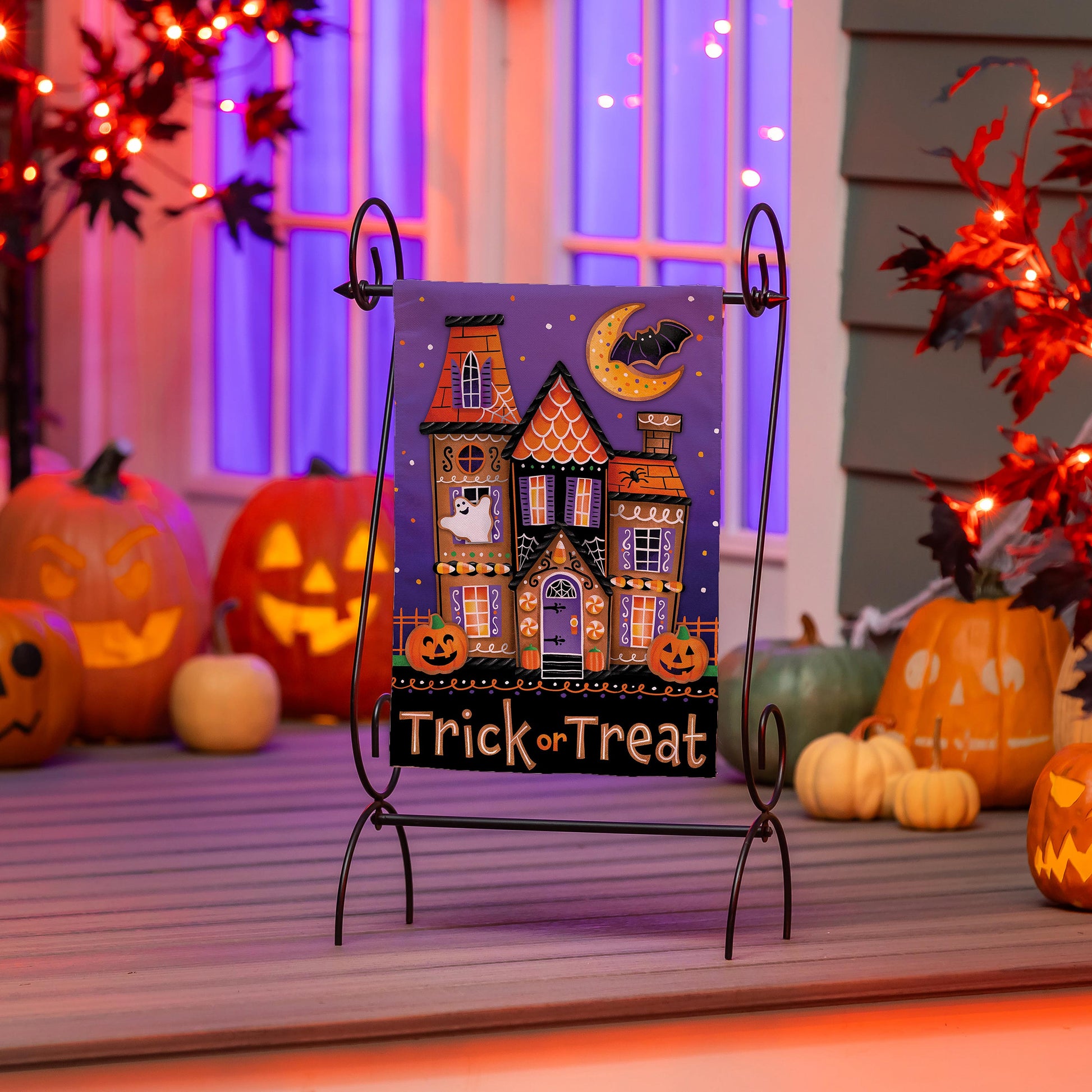 Trick or Sweets Lustre Garden Flag purple Halloween design by Evergreen Enterprises on Tampa Home & Garden Store
