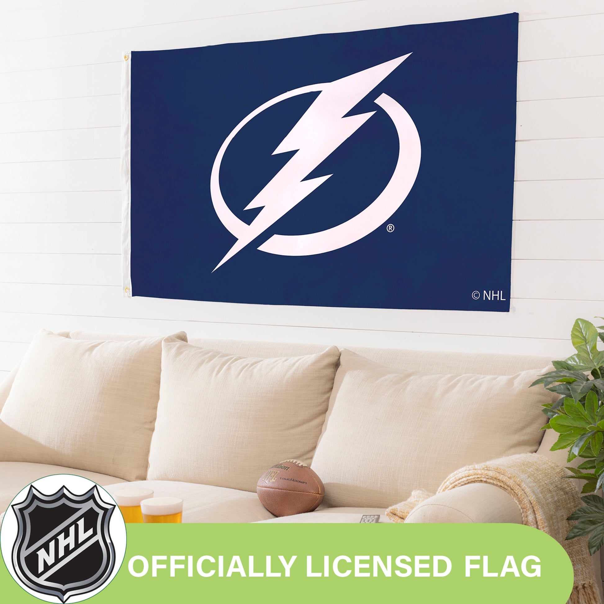 Tampa Bay Lightning flag 3x5, single-sided sublimated flag with 2 grommets navy NHL shield on Tampa Home & Garden Store