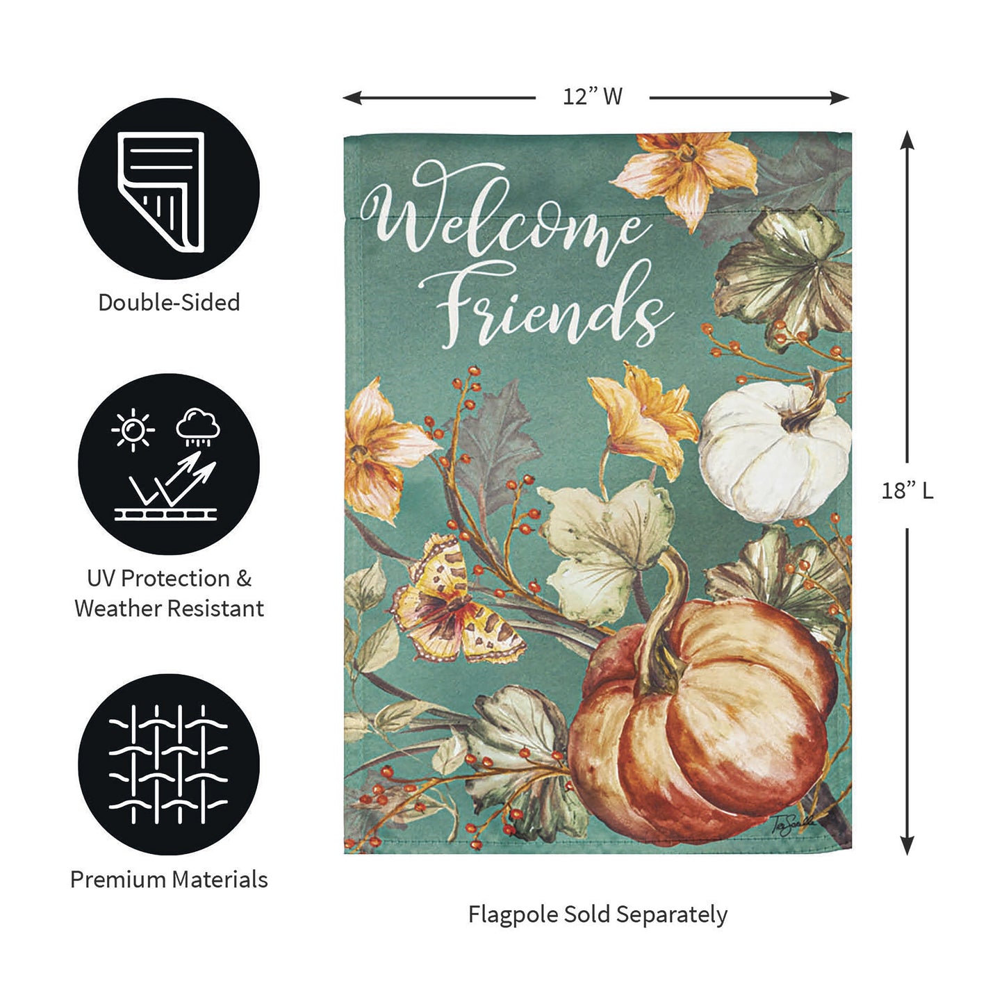 Autumn Vines Garden Suede Flag teal background with Welcome Friends script and pumpkin florals on Tampa Home & Garden Store