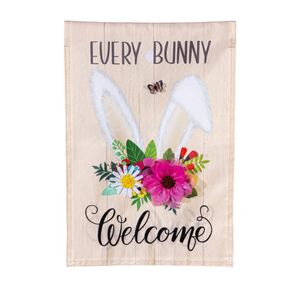 Every Bunny Welcome Applique Garden Flag with bright floral bouquet on wood background on Tampa Home & Garden Store