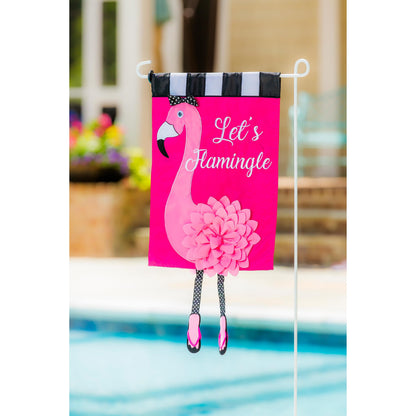 Let's Flamingle garden applique flag pink flamingo with bow and striped header by Evergreen on Tampa Home & Garden Store