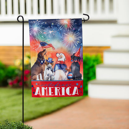 Patriotic Pups Suede Garden Flag featuring dogs in patriotic outfits and fireworks on Tampa Home & Garden Store