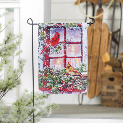 Cardinals in the Window Garden suede flag with a snowy winter scene on a black metal stand on Tampa Home & Garden Store