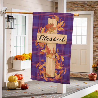 Blessed Cross Burlap House Flag, purple plaid with autumn leaves and wooden cross plaque on Tampa Home & Garden Store