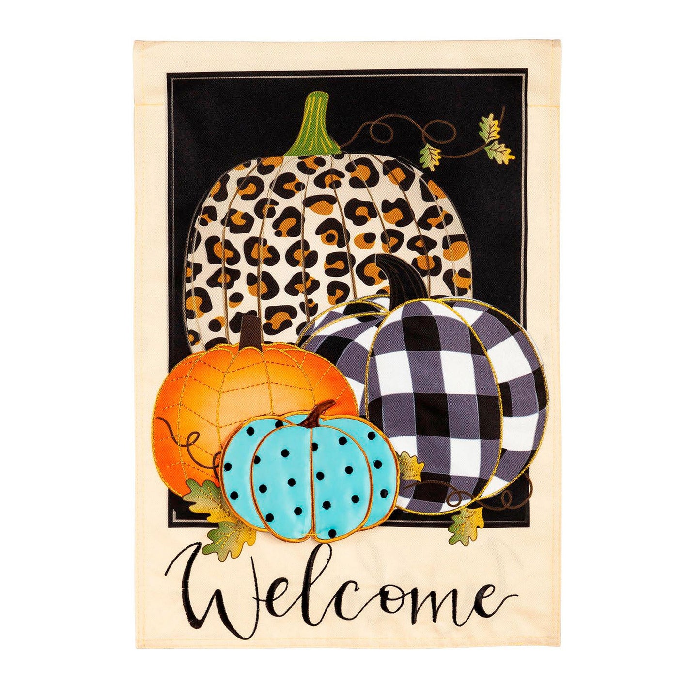 Mixed Print Pumpkins Garden Linen Flag leopard plaid orange teal pumpkins on tan linen on Tampa Home & Garden Store