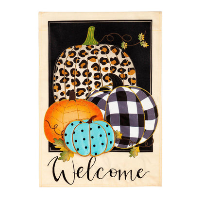 Mixed Print Pumpkins Garden Linen Flag leopard plaid orange teal pumpkins on tan linen on Tampa Home & Garden Store