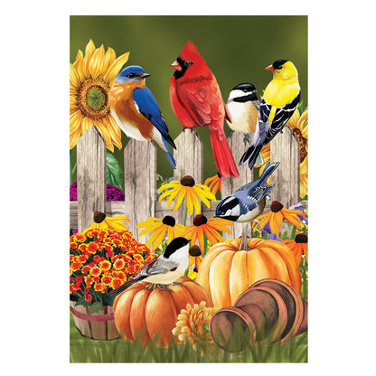Flock Of Pumpkins Suede House Flag with birds on a fence beside sunflowers and pumpkins on Tampa Home & Garden Store