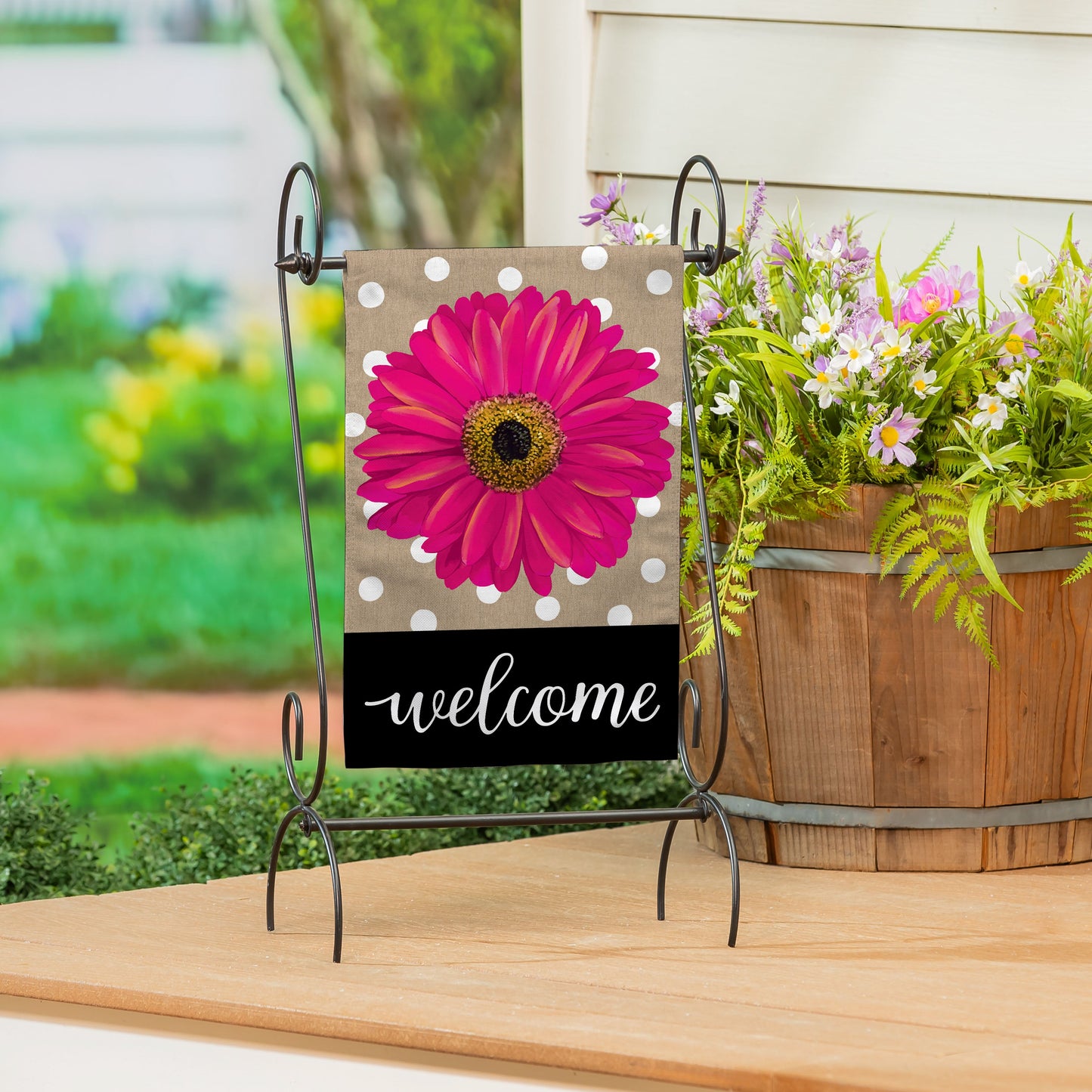 Pink Gerbera Dots Burlap Garden Flag by Evergreen Enterprises with white polka dots on burlap on Tampa Home & Garden Store