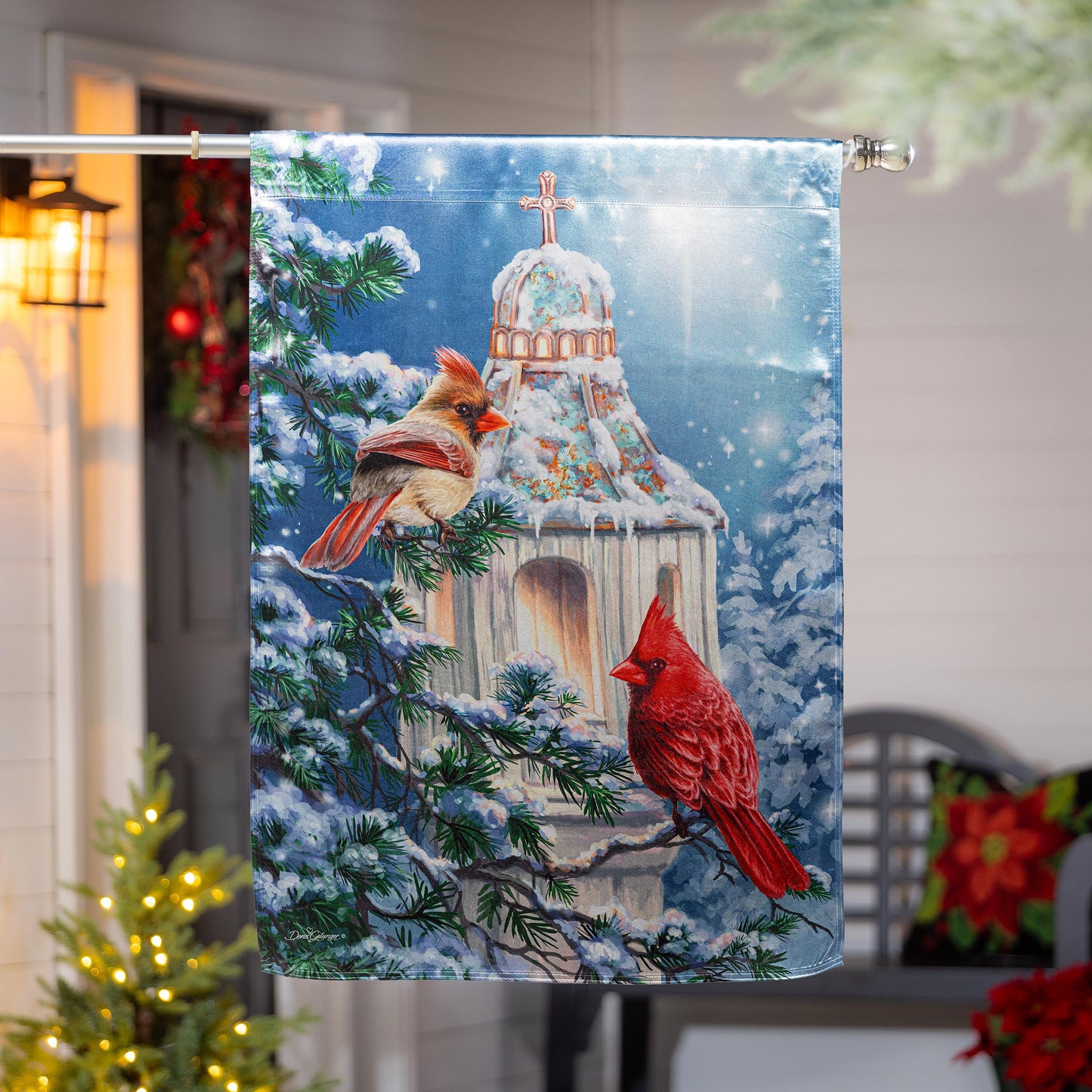 Cardinal Lamp Post Lustre House Flag winter scene with red cardinal perched by a church on Tampa Home & Garden Store