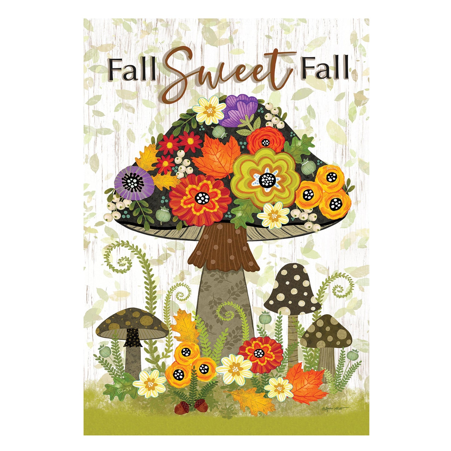 Fall Sweet Fall Burlap Garden Flag by Evergreen Enterprises with autumn bouquet on rustic wood on Tampa Home & Garden Store
