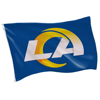 Los Angeles Rams single-sided 3x5 flag with 2 grommets on blue field and yellow logo elements on Tampa Home & Garden Store