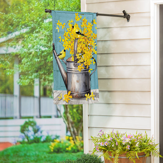 Forsythia Finch Watering Can Suede House Flag - Tampa Home & Garden Store