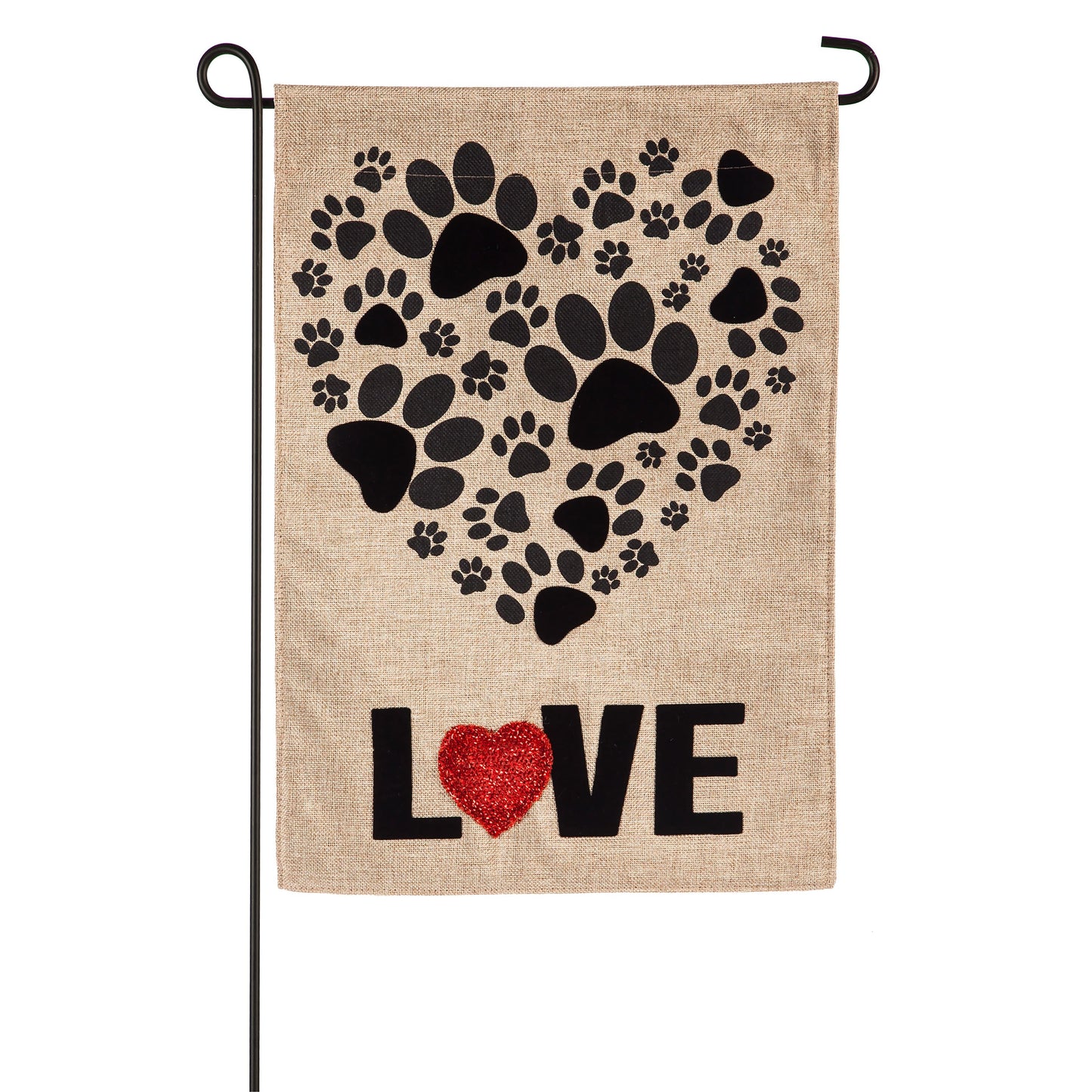 Paw Prints Heart Burlap Flag with black paw prints and red glitter heart on natural burlap on Tampa Home & Garden Store