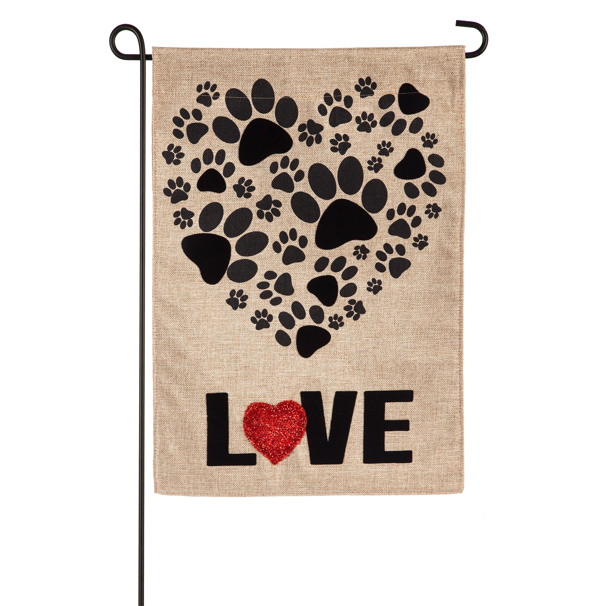 Paw Prints Heart Burlap Flag with black paw prints and red glitter heart on natural burlap on Tampa Home & Garden Store