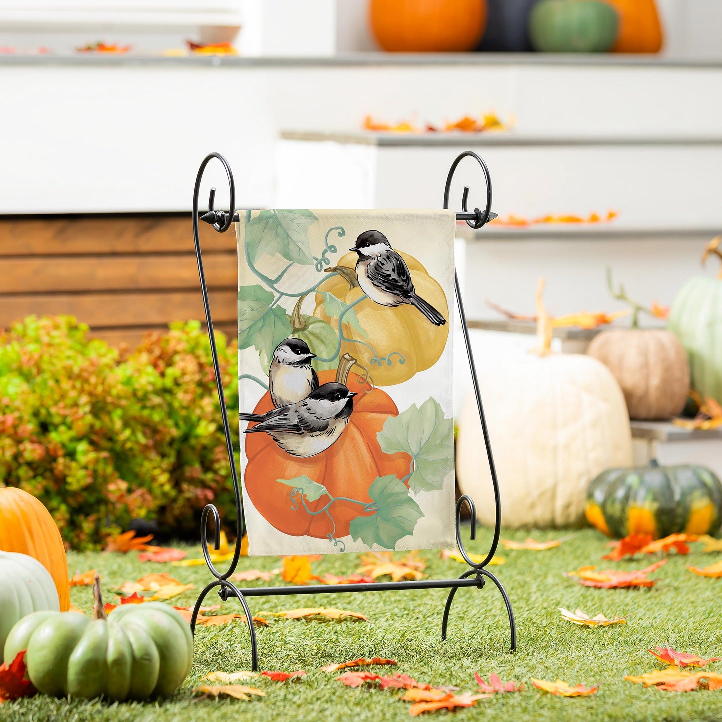 Chickadee Pumpkin Vine Suede Garden Flag with three chickadees among pumpkins and vines on Tampa Home & Garden Store