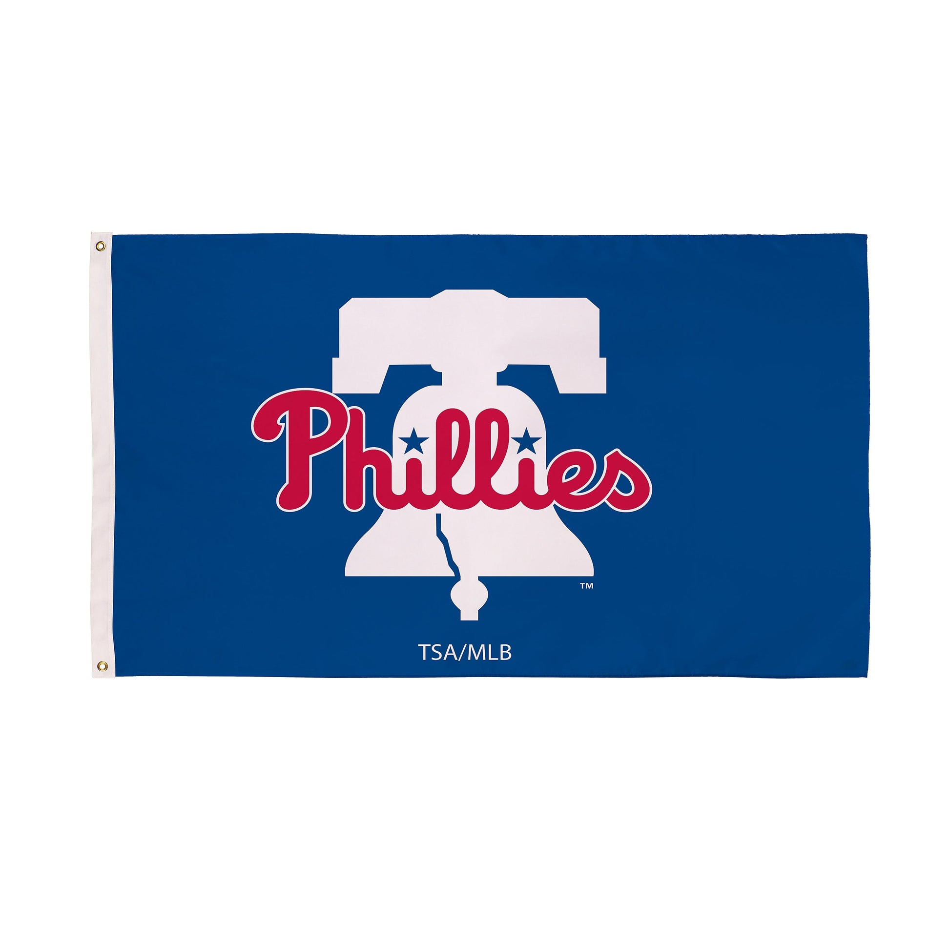 Philadelphia Phillies single-sided sublimated flag 3x5 with 2 grommets on blue background on Tampa Home & Garden Store