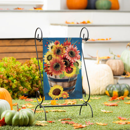 Barrel Of Blooms & Pumpkins burlap garden flag with sunflowers by Evergreen Enterprises on Tampa Home & Garden Store