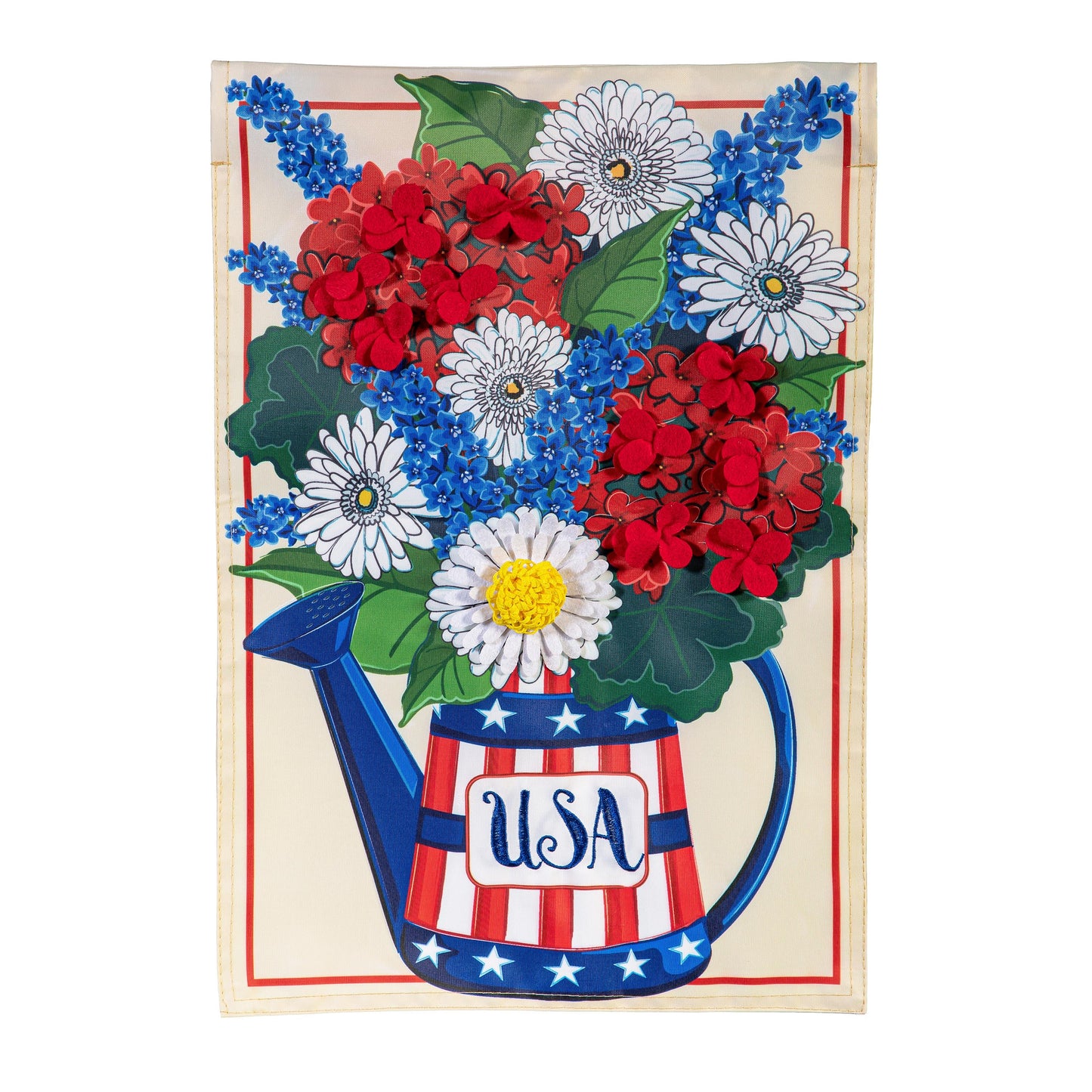 USA Floral Watering Can Applique House Flag with white daisies, red hydrangeas and blue accents on Tampa Home & Garden Store