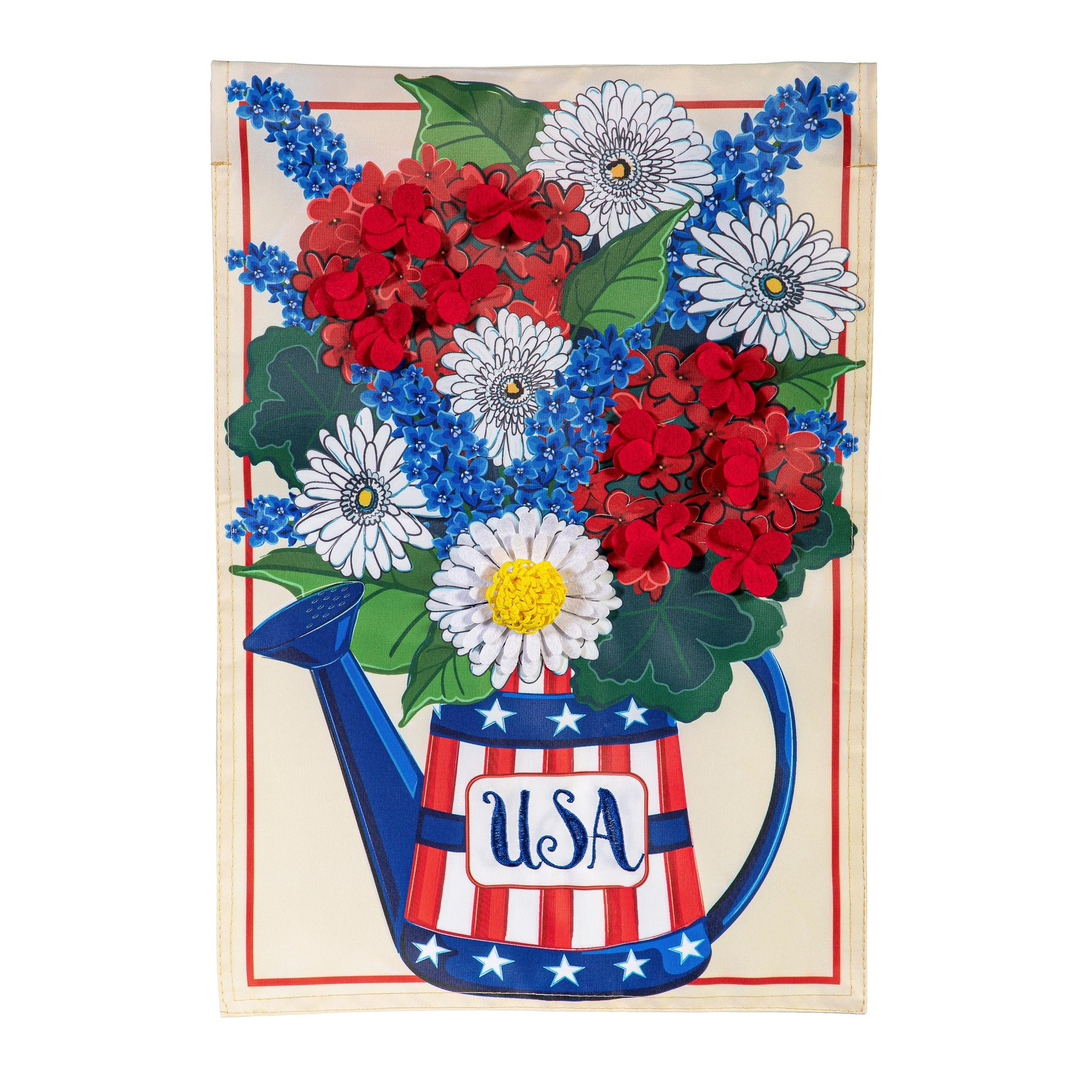 USA Floral Watering Can Applique House Flag with white daisies, red hydrangeas and blue accents on Tampa Home & Garden Store