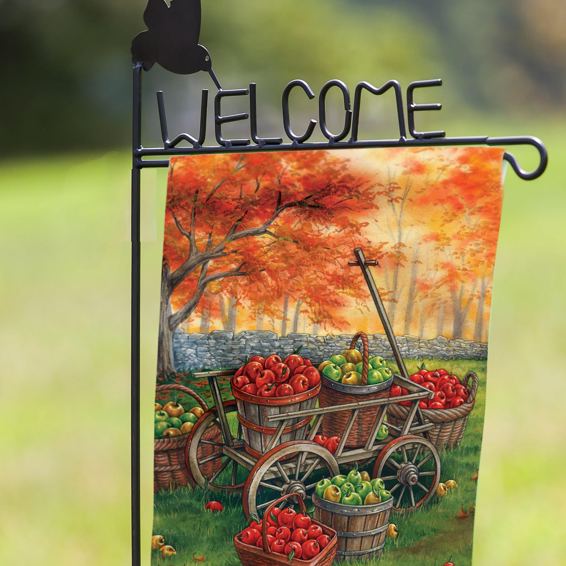 Hummingbird Welcome Garden Flag Stand black metal stand with WELCOME wire letters on Tampa Home & Garden Store