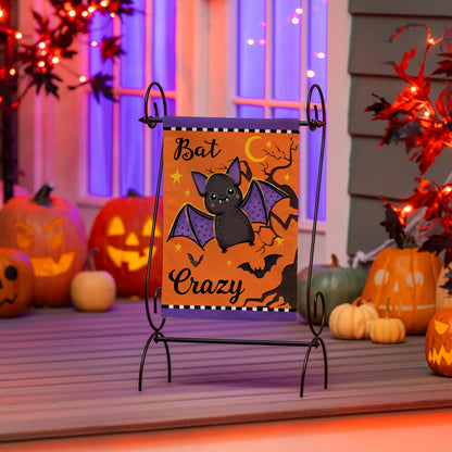Gone Batty Applique Garden Flag orange Halloween bat design on metal stand on Tampa Home & Garden Store