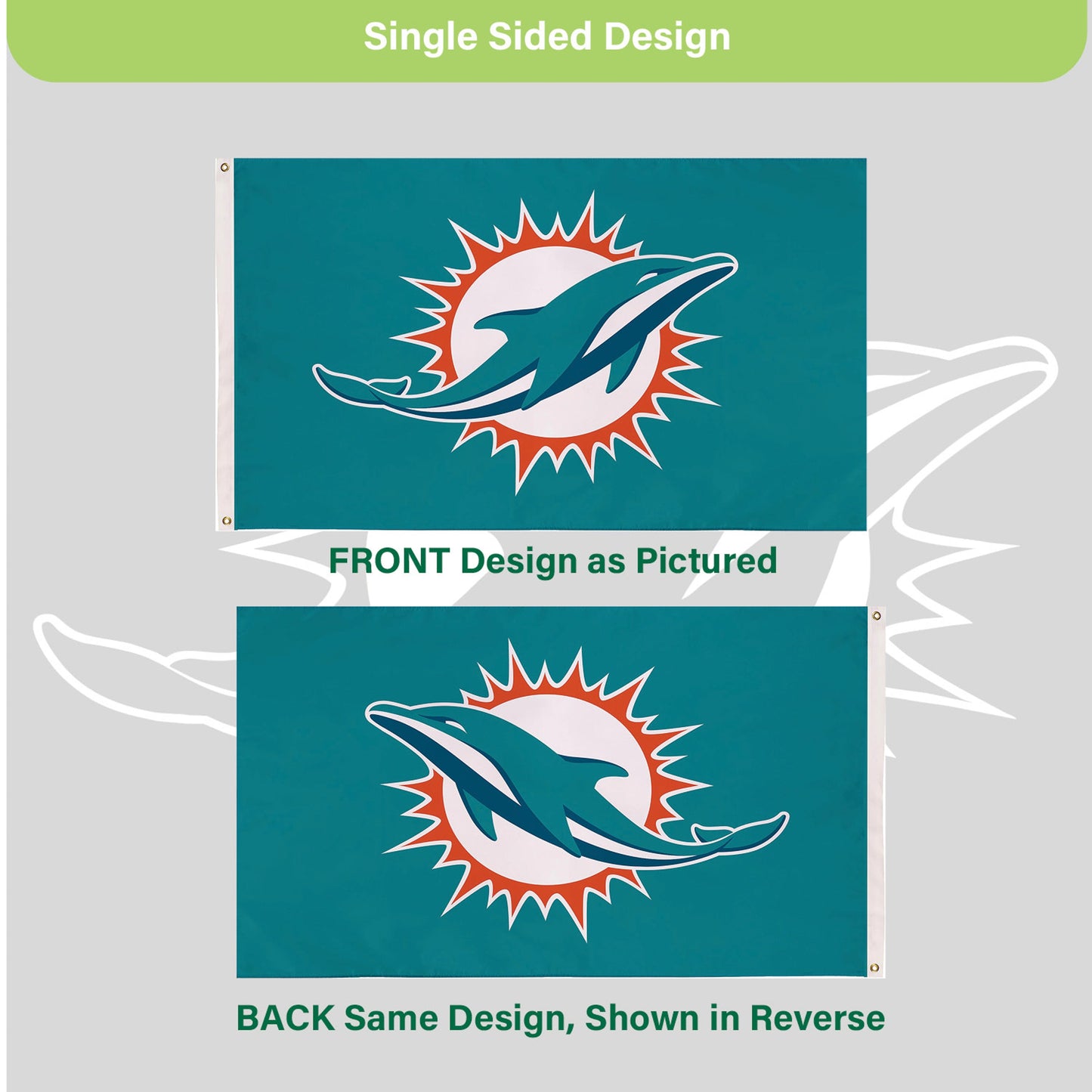 Miami Dolphins 3x5 ft single-sided sublimated flag with 2 grommets teal field dolphin logo on Tampa Home & Garden Store