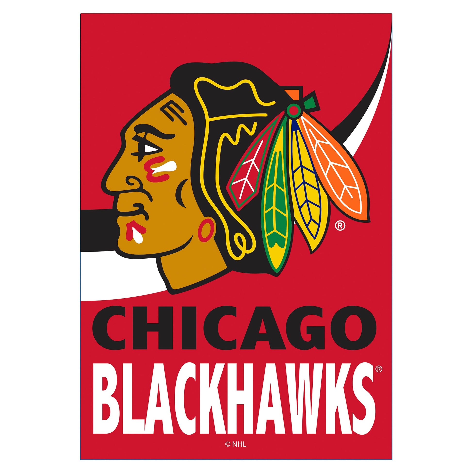 Chicago Blackhawks burlap flag, house size, red backdrop with team logo, Evergreen Enterprises on Tampa Home & Garden Store