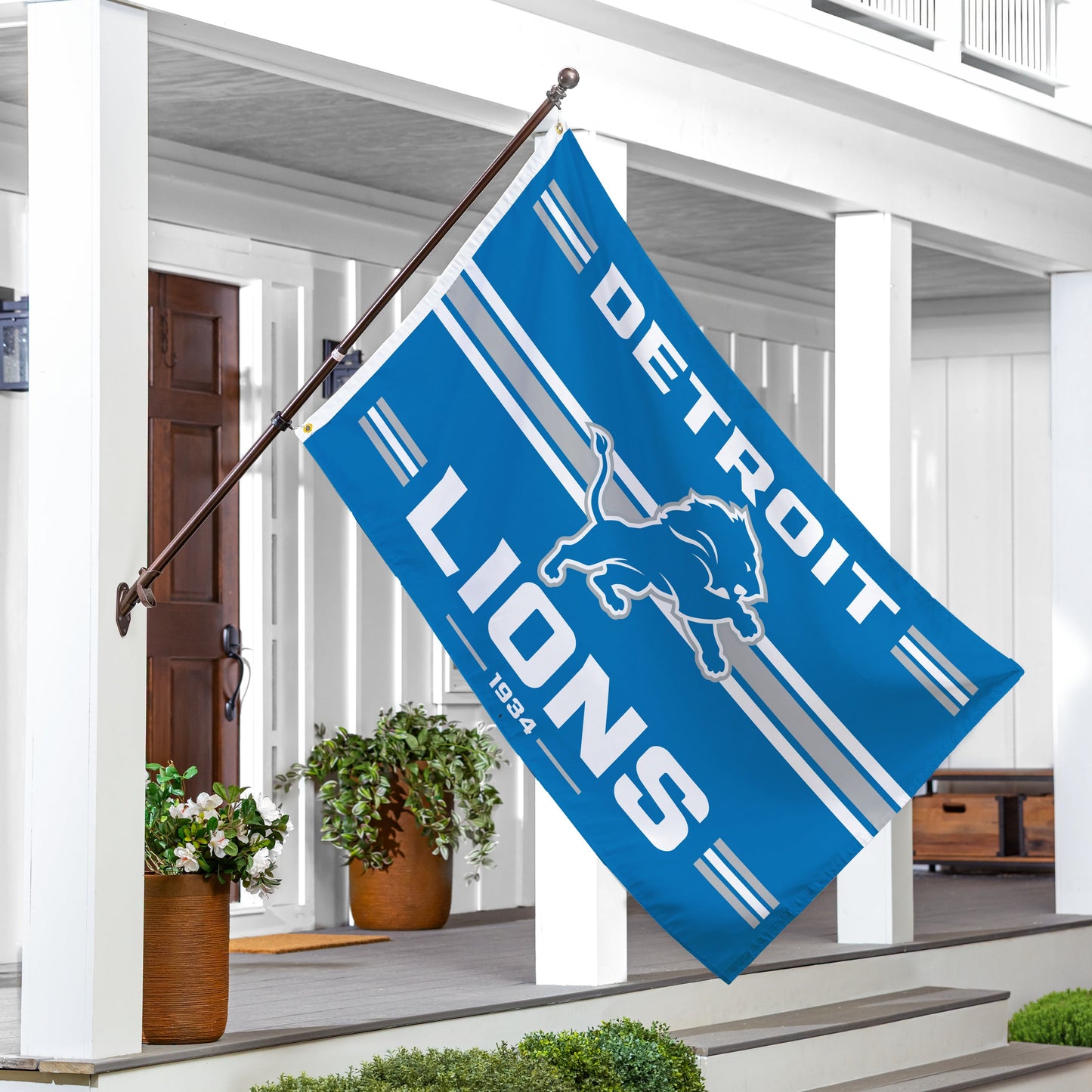 Detroit Lions single-sided blue flag 3x5 sublimated with 2 grommets on Tampa Home & Garden Store