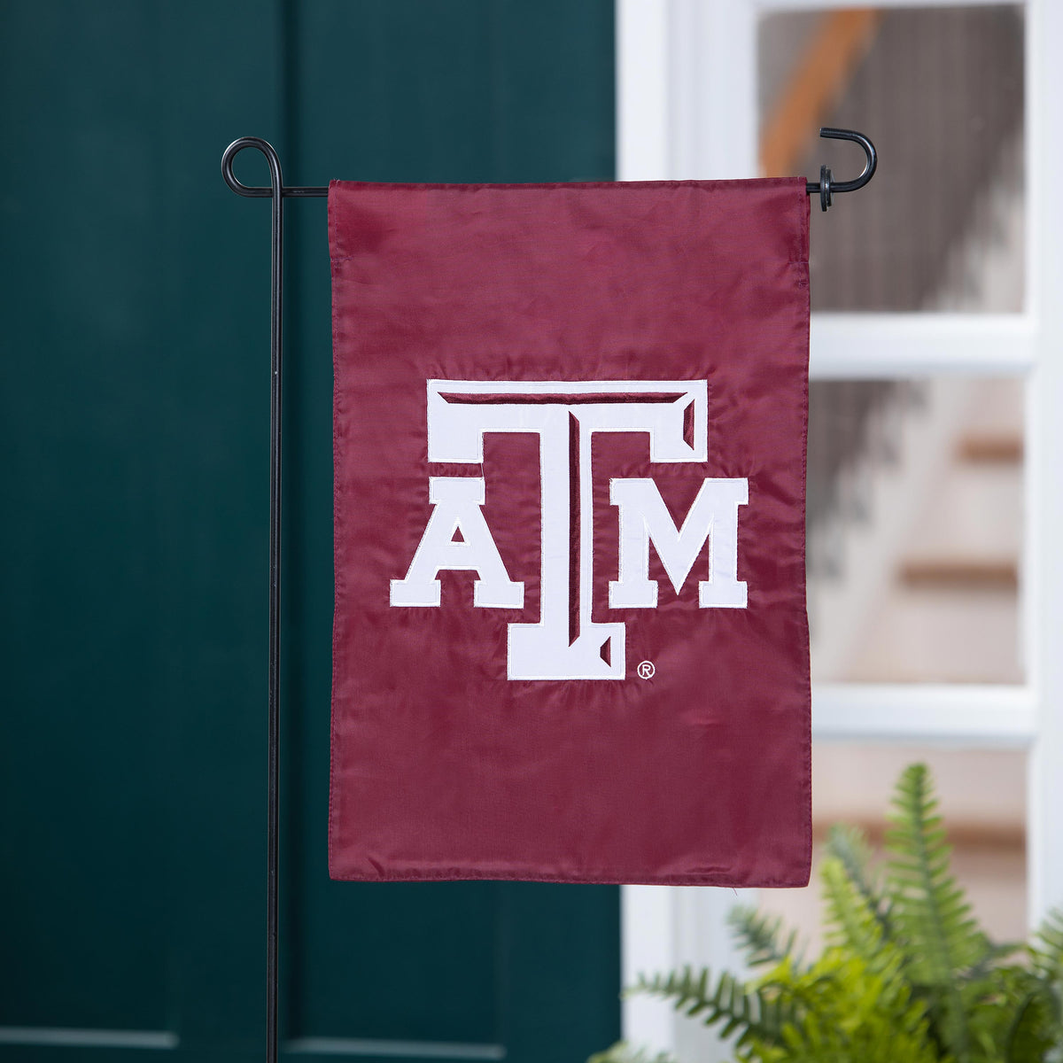 Texas A&M applique garden flag maroon with white letters on metal stand Evergreen Enterprises on Tampa Home & Garden Store