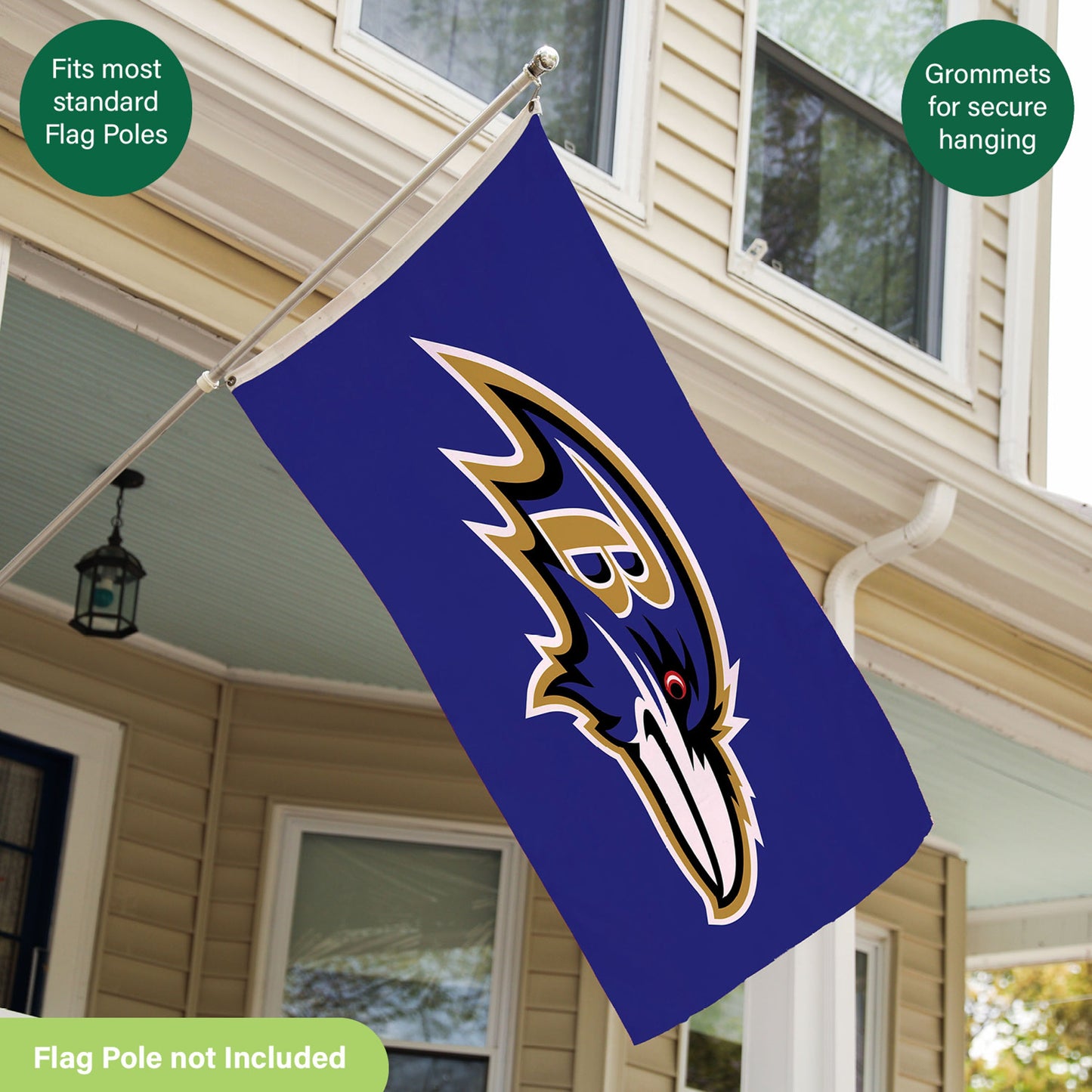 Baltimore Ravens 3x5 ft single-sided sublimated flag with 2 grommets on metal flagpole on Tampa Home & Garden Store