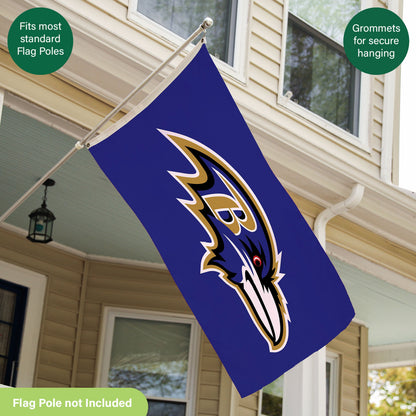 Baltimore Ravens 3x5 ft single-sided sublimated flag with 2 grommets on metal flagpole on Tampa Home & Garden Store