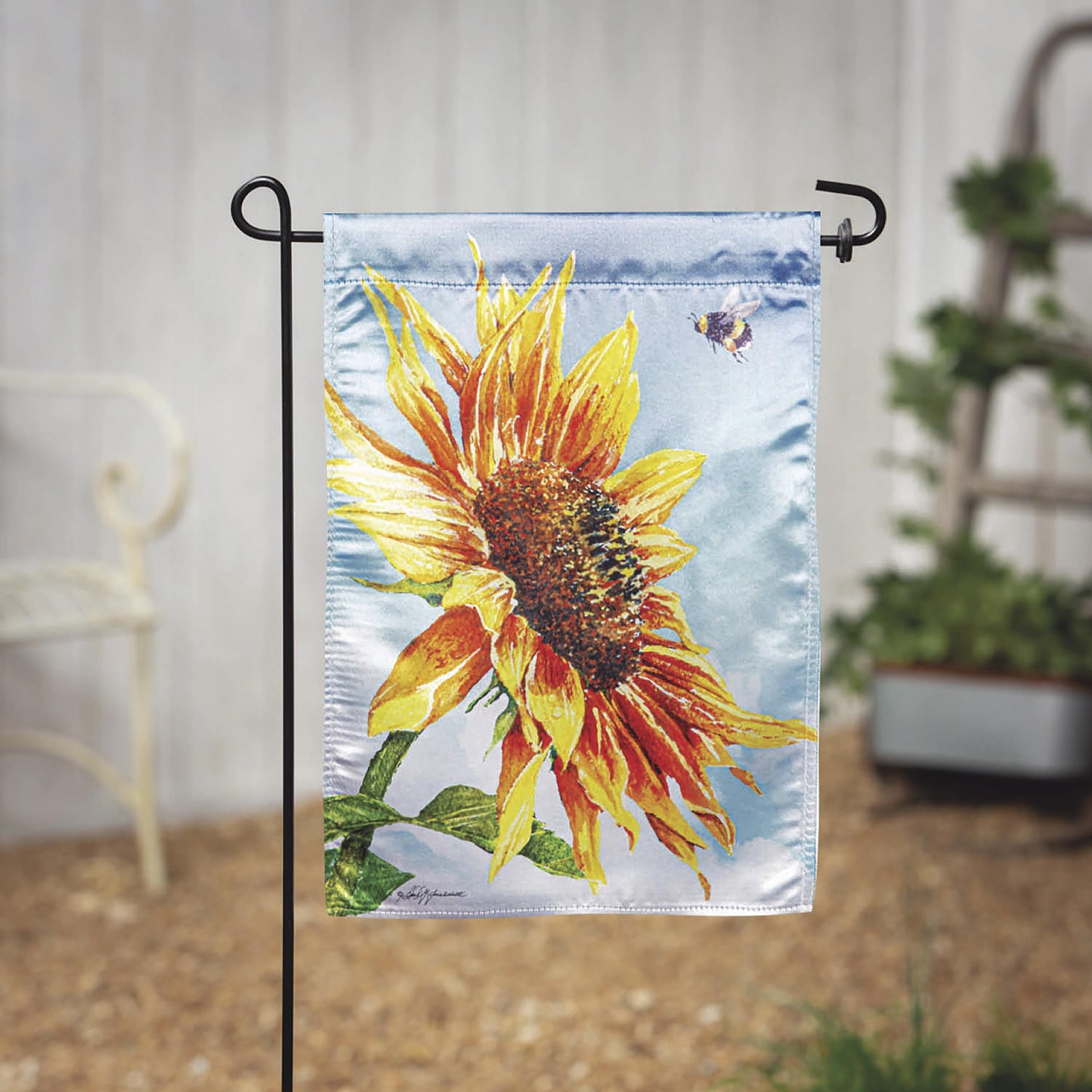 New Morning Sunflower Lustre Garden Flag vibrant yellow sunflower on a blue sky background on Tampa Home & Garden Store