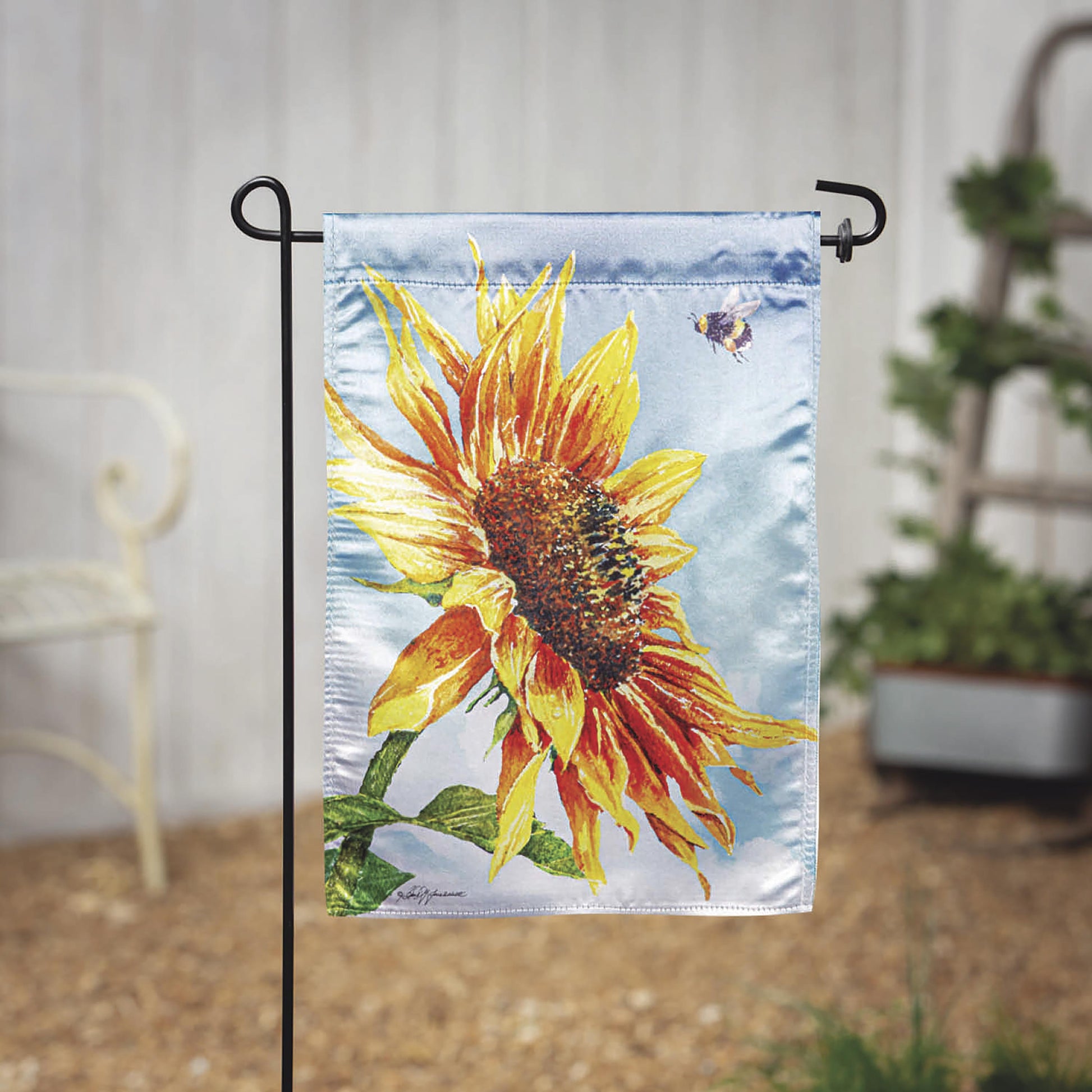 New Morning Sunflower Lustre Garden Flag vibrant yellow sunflower on a blue sky background on Tampa Home & Garden Store
